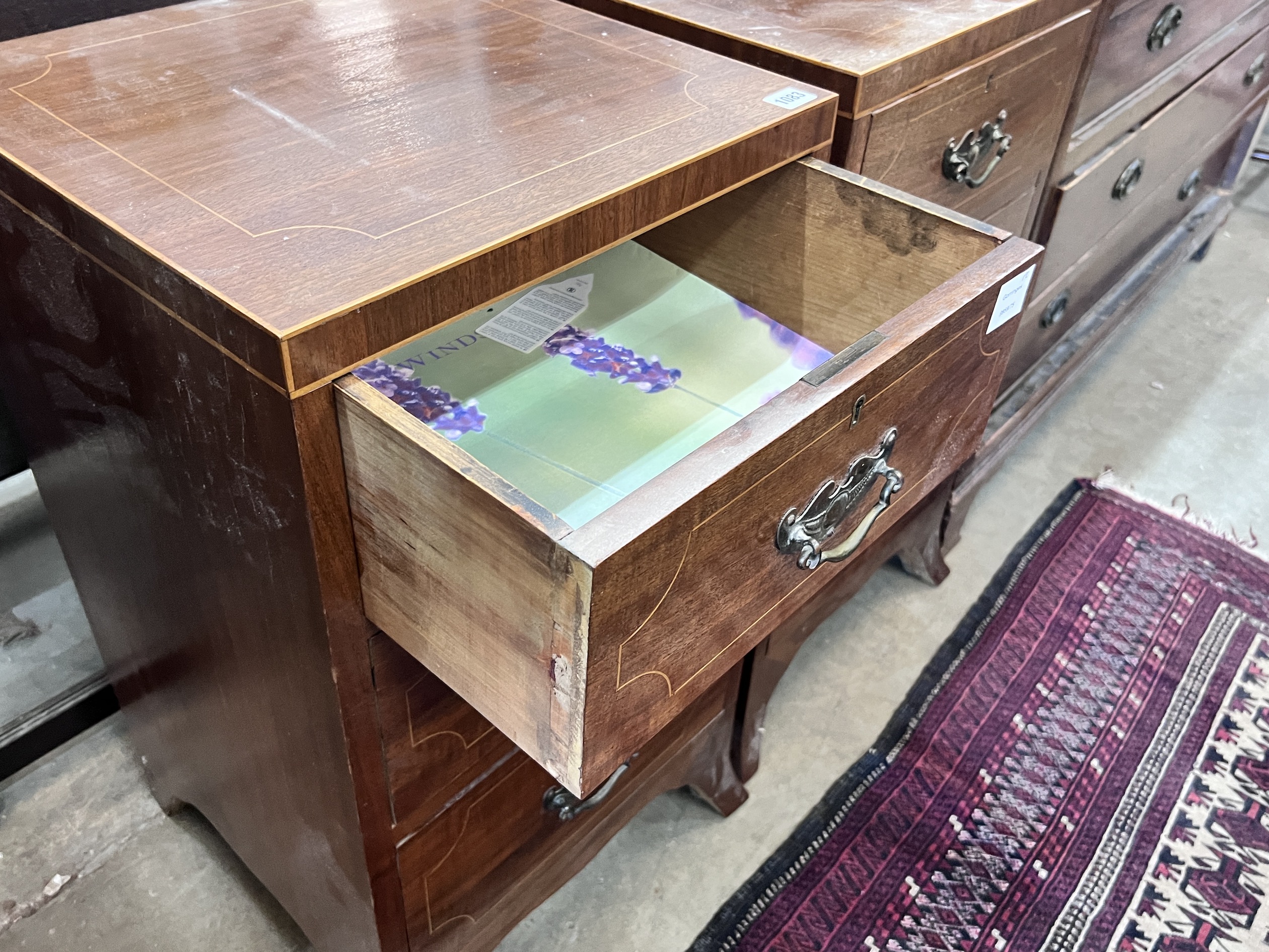 A pair of George III style inlaid mahogany bedside chests, width 43cm, depth 42cm, height 77cm